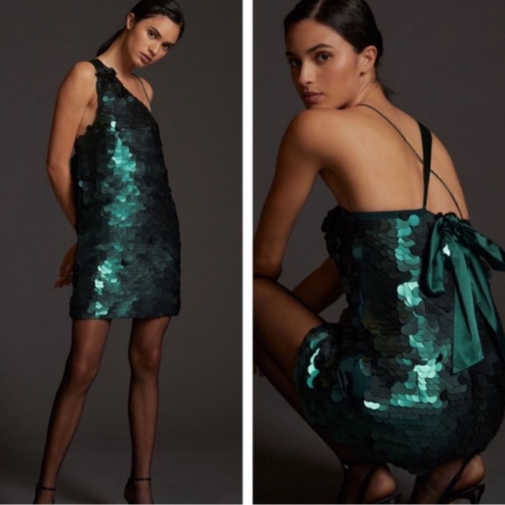 ANTHROPOLOGIE BY MAEVE ONE SHOULDER SEQUINED MINI DRESS EMERALD NEW LARGE